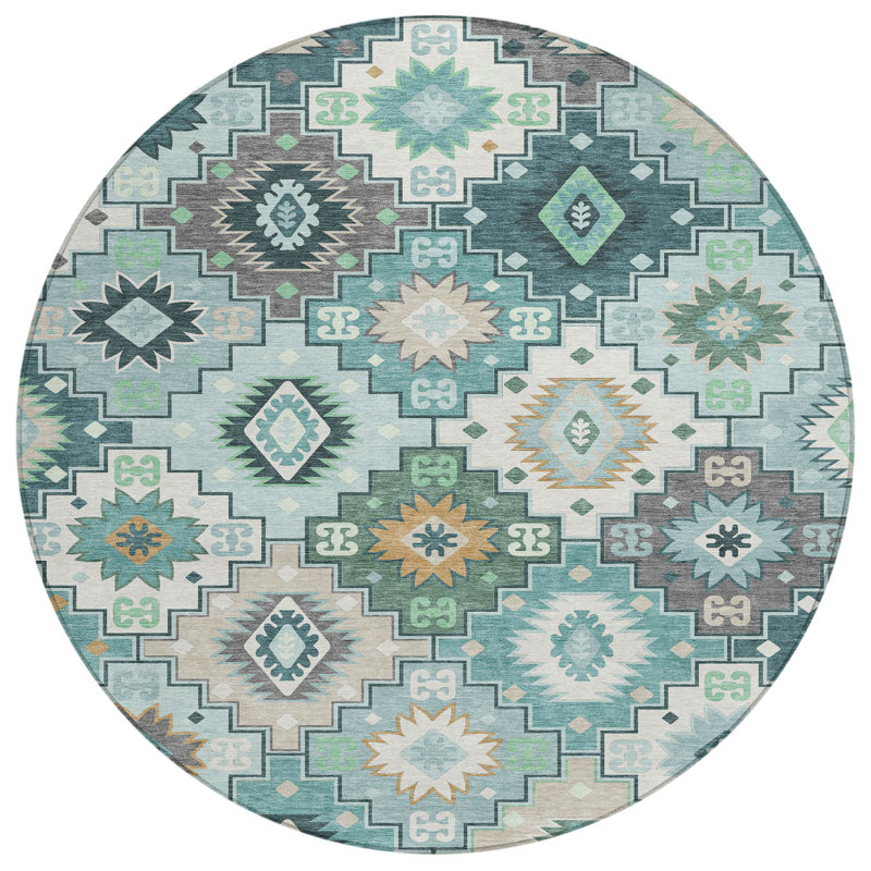 Tapis bleu sarcelle lavable à la machine intérieur / extérieur Xhevrie, Rond 8 pi