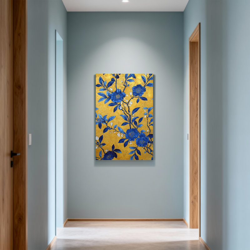 Plants &Flowers Blue Floral Pattern On Gold Background