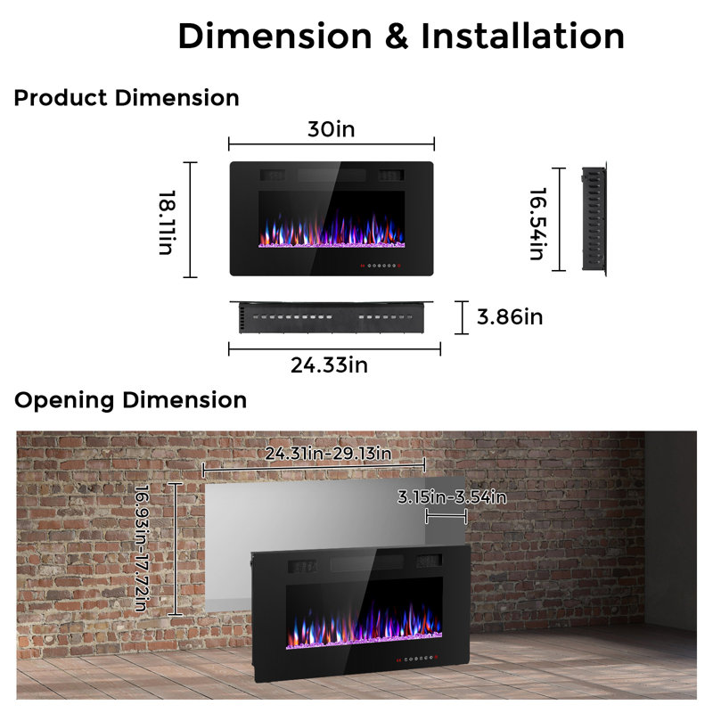 Foyer électrique encastré et mural avec télécommande et flamme réglable, H 18,1 po x l 30 po x P 3,86 po