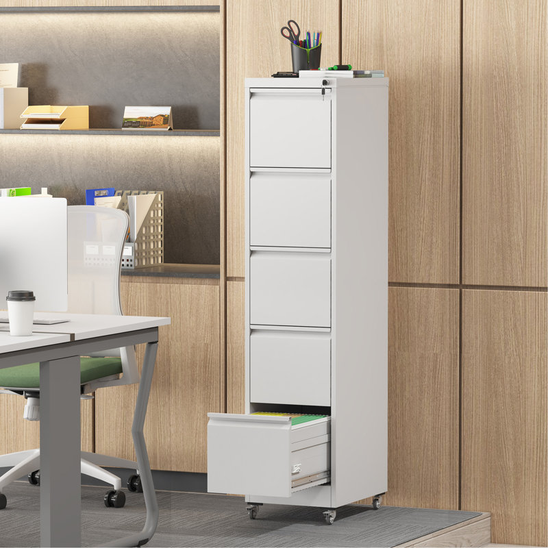 5 Drawer Heavy Duty Vertical File Cabinet On Wheels, For Home Office A4/Letter/Legal Document Storage, White, 17.71"D*15.17"W*65.71"H, Adjustable Rods, Noiseless Slides Wheels Office, Metal Storage