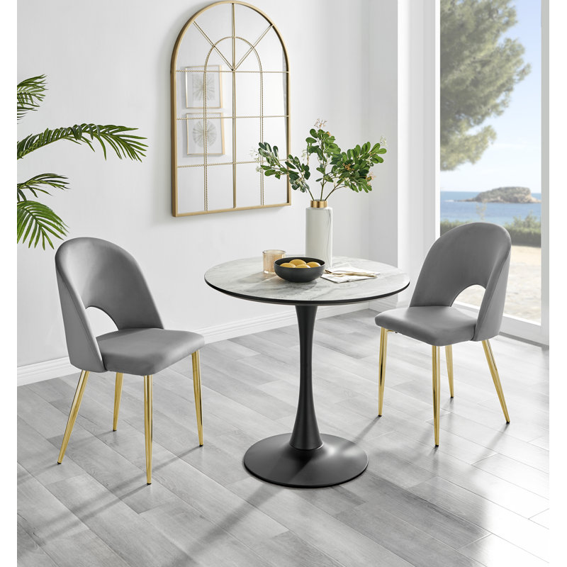 Table de salle à manger blanche effet marbre et 2 chaises de luxe en velours, Gris / Or