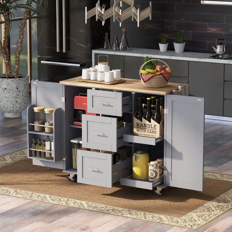 K&K Rolling Kitchen Island With Storage, Gray/Blue