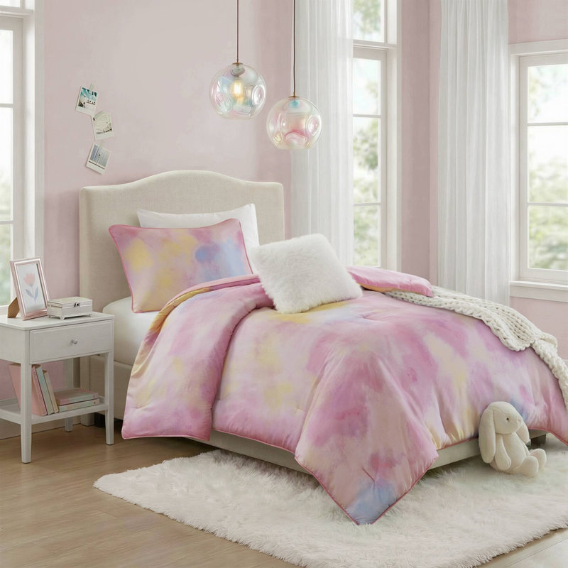3 Pieces Twin/Twin XL Watercolor Tie Dye Printed Comforter Set with Throw Pillow,Pink