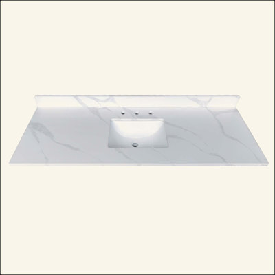 Dessus de meuble-lavabo en quartz, lavabo central encastré à simple cuve de 3/4 po d'épaisseur, dosseret de 4 po de hauteur, 3 trous de robinet pré-percés, résistant aux taches et à la chaleur, quartz avec veines