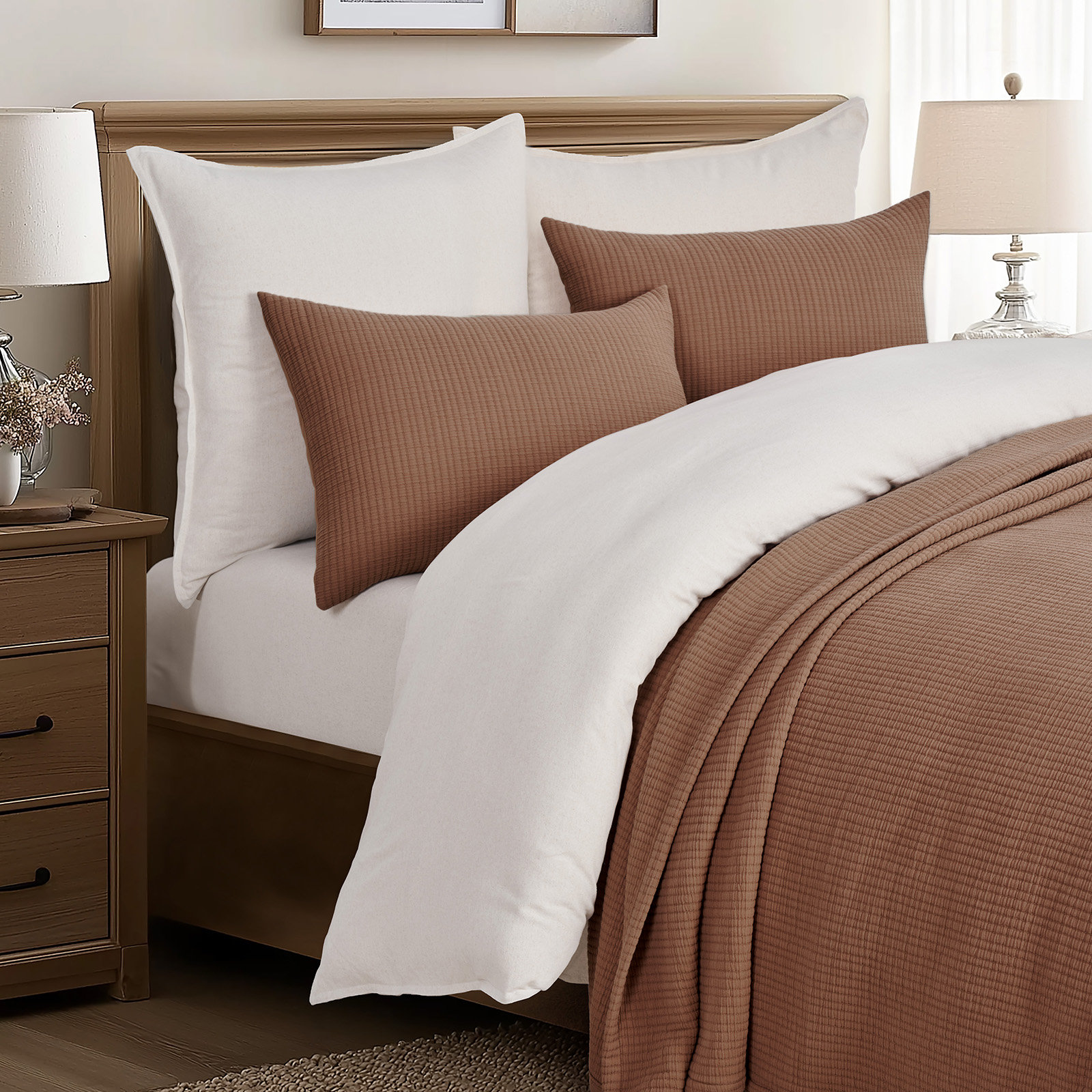 Solid Cotton Gauze Pick-stitch Matelesse Coverlet Bedspread set, Terracotta Clay, Queen Quilt + 2 Queen Shams