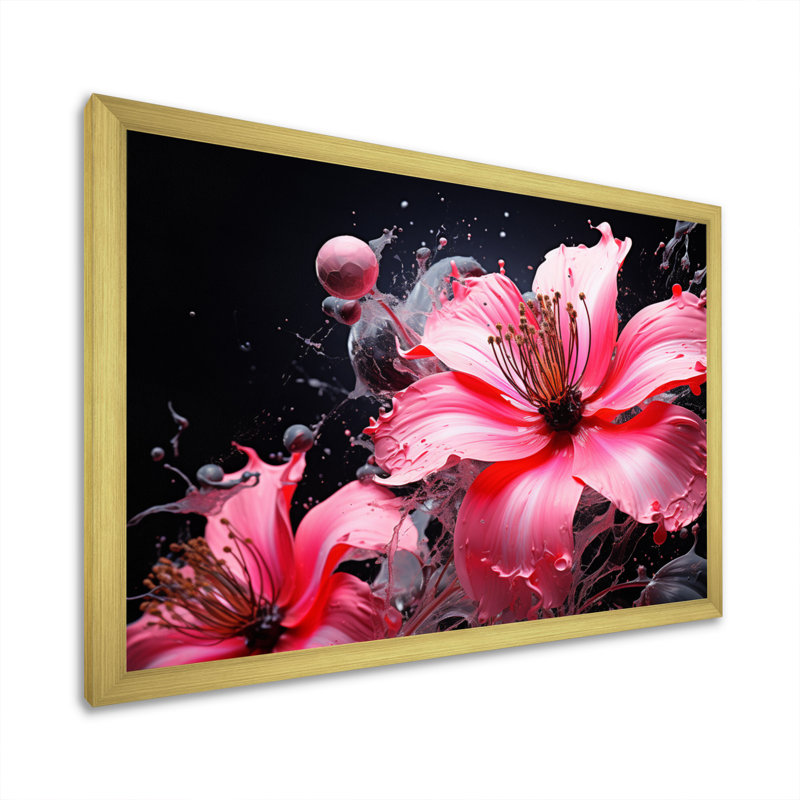 " Pink Black Botanical Symphony ", 16" H x 32" W x 1" D, Gold Picture Framed