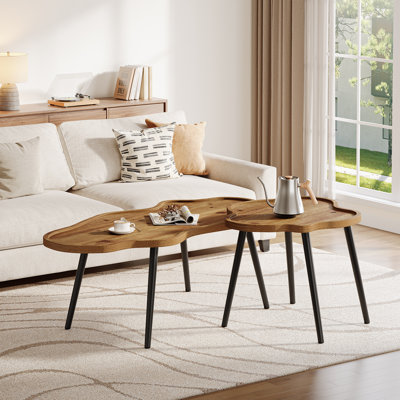 Ensemble de 2 tables basses gigognes en bois massif, plateau de table de forme irrégulière et pieds en métal robustes