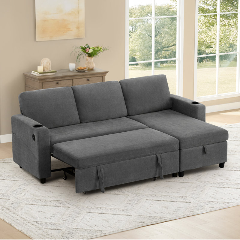  Canapé-lit extensible de 84 po à 3 places avec canapé en L et méridienne avec rangement, Gris foncé