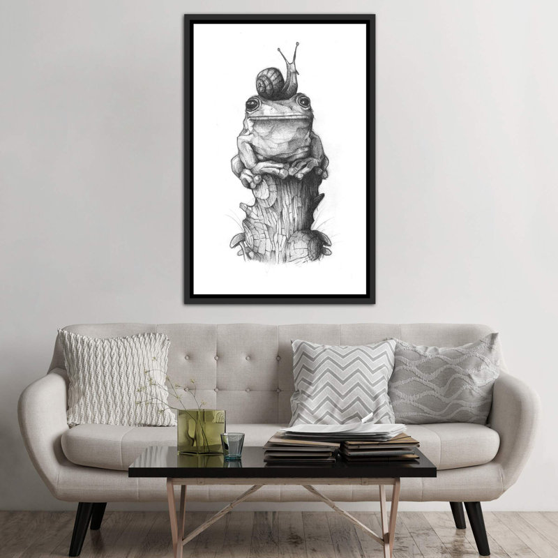 «Frog and Snail II» par Mike Koubou - reproduction d'art, H 60 po x l 40po x P 1,5 po, Toile avec cadre noir