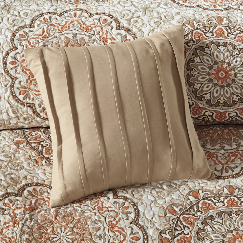 Literie très grand / très grand de couleur orange, médaillons floraux, coussins brodés, 3 taies décoratives et 2 coussins 6 pièces, courtepointe réversible orange