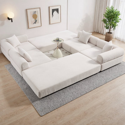 Convertible Folding L-Shaped Sectional Sofa Bed, Cloud Corduroy Fabric Sleeper with Memory Foam Mattress, 6 Configurations for Living Room, No Assembly Required