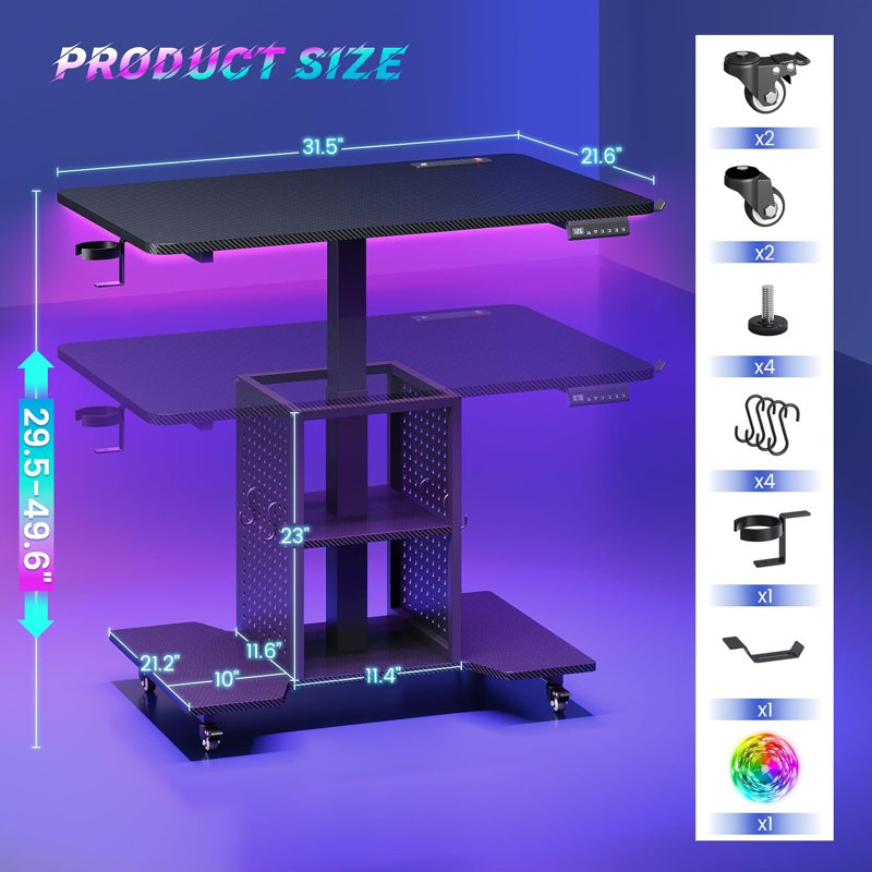 Height Adjustable Electric Standing Desk with 3 Memory Presets, 31.5" Gaming Desk with Power Strip, USB, RGB Lights, Storage Shelves and Pegboard, Black