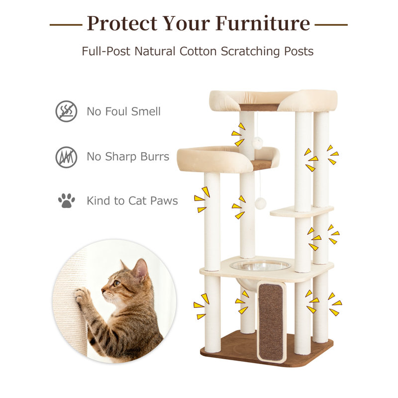 53" Cat Tree Tower for Large Cats, Large Perch & Sisal Board | Soft velvet surface | Easy-clean fabric | Cotton-rope posts | Window-side friendly | Multi-level lounging