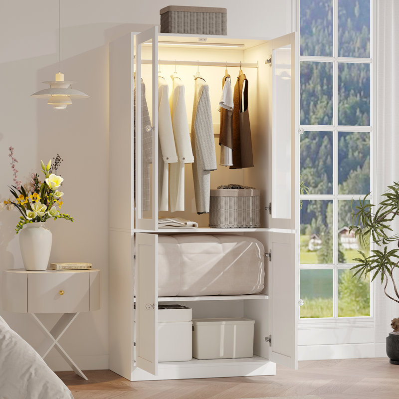 Armoire-penderie 75 "avec tiroirs et lumières, armoire de rangement pour vêtements avec 2 portes en verre 