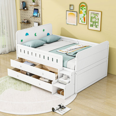 Full Size Wooden Bed With Built-In Drawers, Storage Staircase And LED Lighting