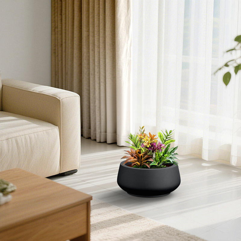 16 in. Large Matte Black(Upgraded Interior) Concrete Round Planter / Pot, Curvy Planter Bowl with Drainage Holes, Matte Black