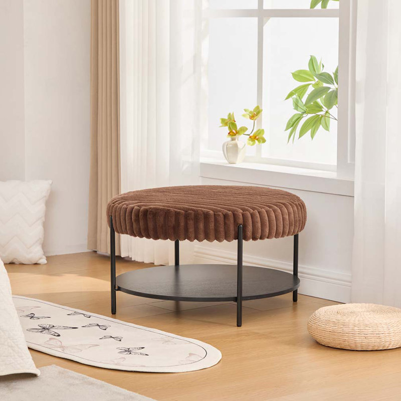 30.9"Wide Faux Fur Upholstered Round Ottoman Coffee Table Foot Rest with Black Metal Legs, Brown