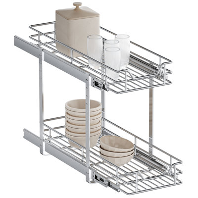 10.5" W x 18" D 2-Tier Pull Out Cabinet Organizer, Heavy-Duty Chrome Wire Sliding Drawer for Bathroom Vanity, Under Sink Storage & Shallow Kitchen Cabinets