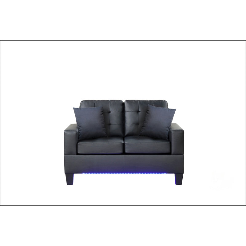 Causeuse en tissu en PVC noir de 55,5 pouces de large Gemma avec lumières DEL, chargeur USB et coussins capitonnés pour un confort moderne
