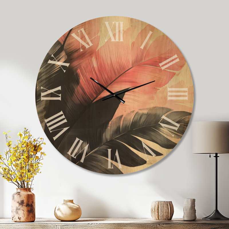 Horloge murale glamour à motif de frondes tropicales roses, imprimée sur bois, Extra Large