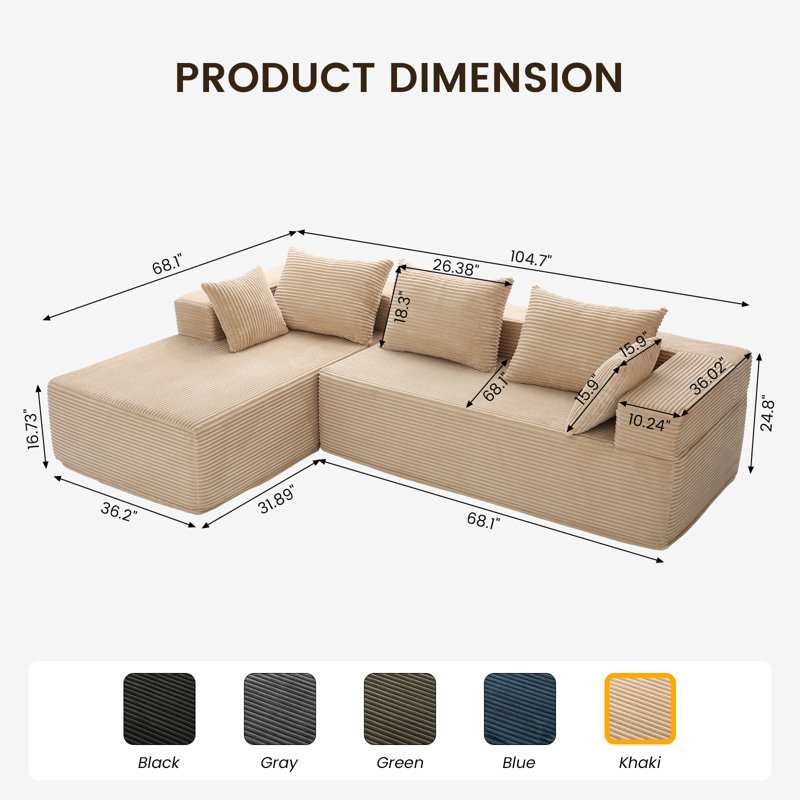 Boneless 105" Oversized L-Shaped Sectional Sofa – Modern Modular Cloud Couch, Boneless Deep Seating Sofa for Living Room, No Assembly Required, Soft Corduroy Fabric