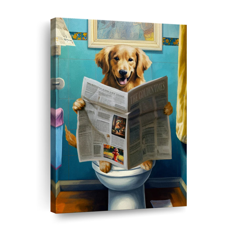 Golden retriever sur une toilette sur toile, H 12 po x l 8 po x P 1 po