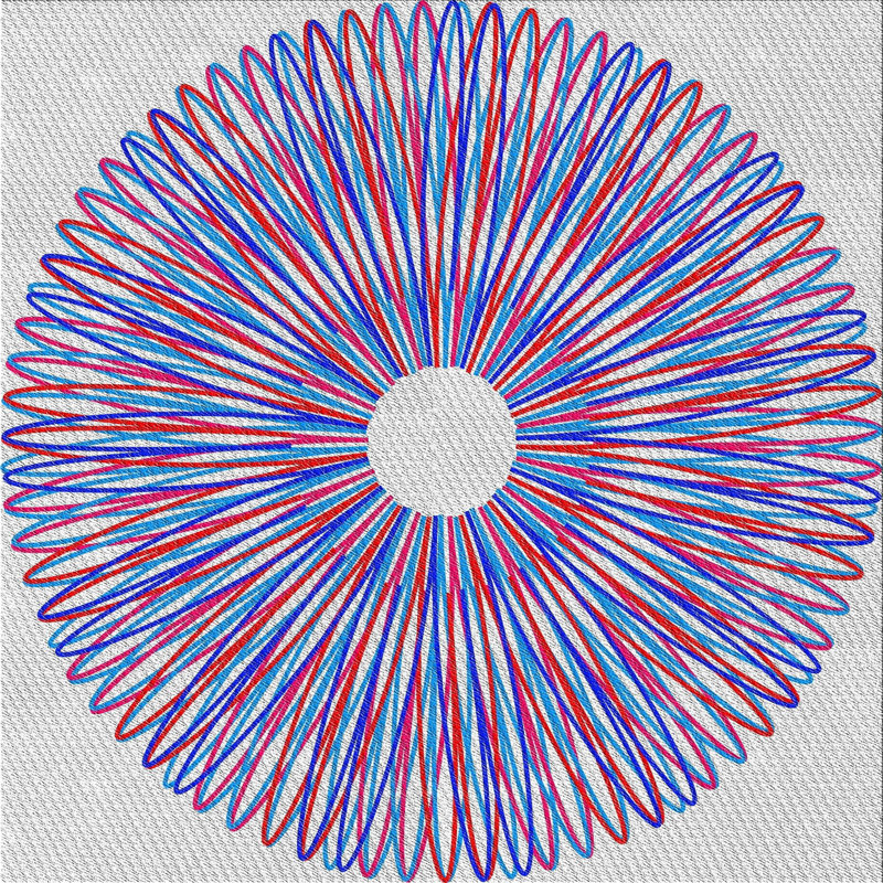 Tapis bleu/rouge à motifs, Carré 4 pi