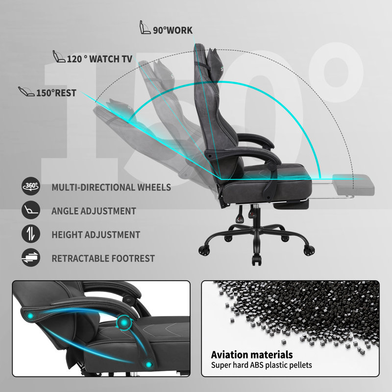 Ebern Designs Ergonomic Gaming Chair with Footrest for Adults-PU Leather PC Computer Gaming Chair, Black