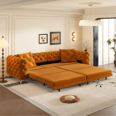 97.7" 3-In-1 Convertible Sleeper Sofa,28.4" Deep Seat Pull Out Sofa Bed,Button Tufted Modern Sofa,4-Seater Couch With Movable Ottoman  For Apartment,Office, Bedroom,Orange