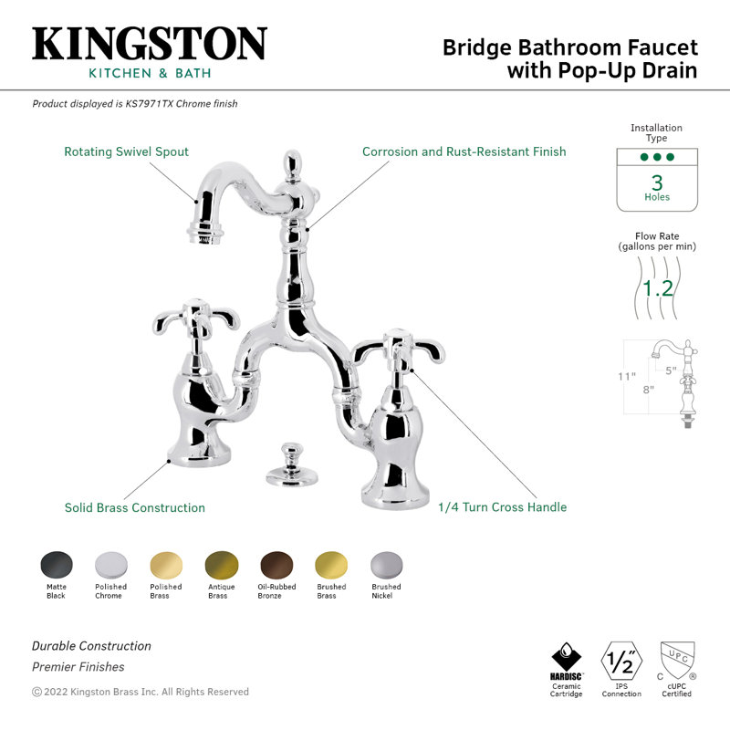Robinet de salle de bain pont à deux poignées à fixation sur le comptoir à 3 trous avec bonde escamotable Kingston