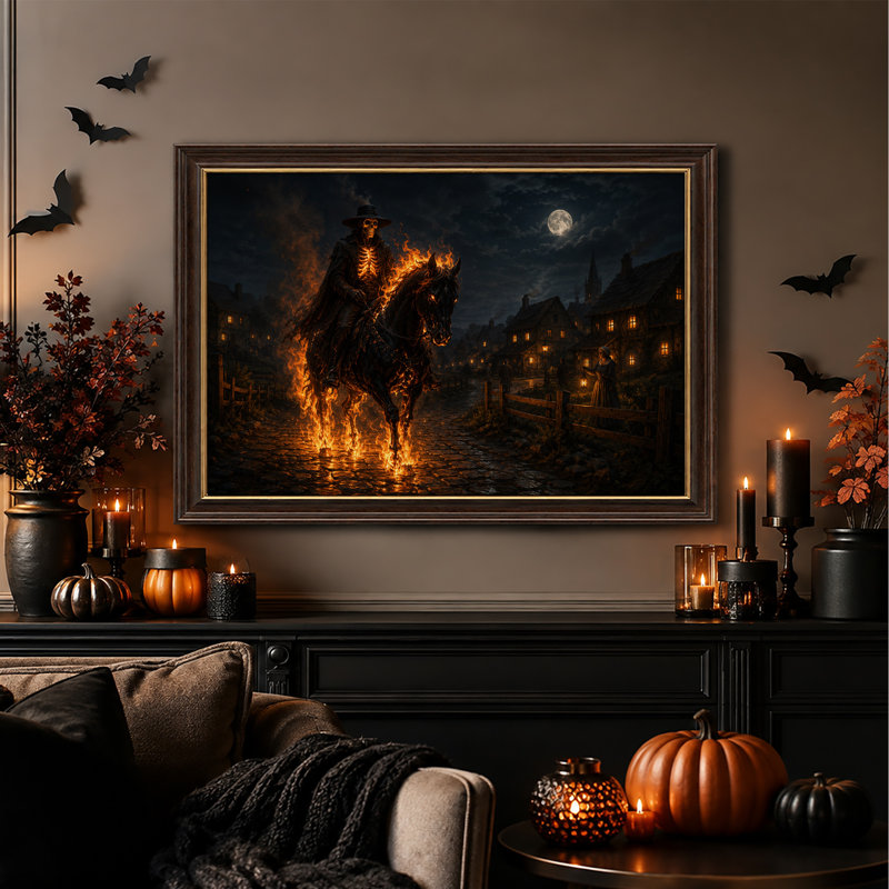 Cavalier squelette enflammé sur un cheval noir au clair de lune, toile murale d'Halloween, H 12 po x l 18 po