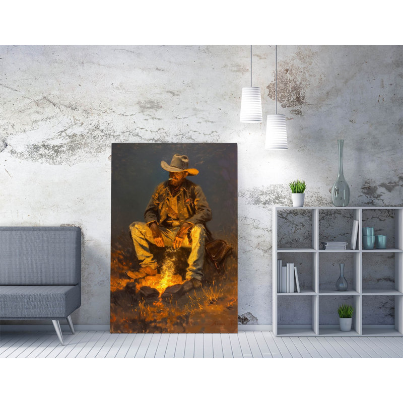 Cowboy Smoking Cigarette by Glowing Fire Night Scene Canvas Wall Art Print Picture | Western Country Artwork