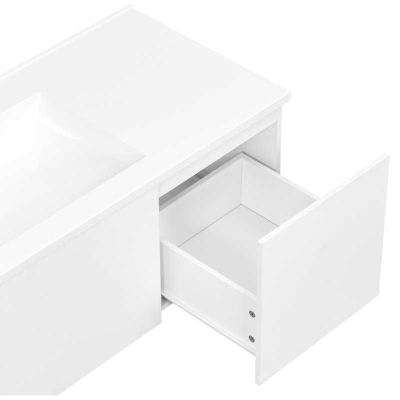 Meuble-lavabo suspendu de 122 cm (48 po) sans poignées, avec 3 tiroirs, une tablette inférieure ouverte et un comptoir en composite.