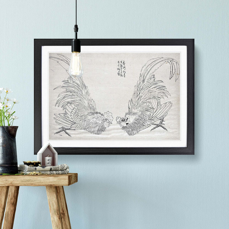 Two Roosters by Katsushika Hokusai - Picture Frame Drawing Print, 36cm H x 48cm W x 2cm D, Black Framed