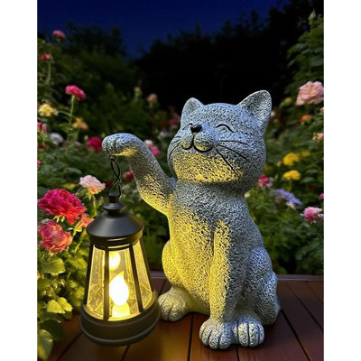 Statues de jardin Décor de jardin extérieur: Statue de chat avec lanterne solaire pour jardin