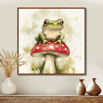 «White Frog on the Forest Toadstool», impression sur toile encadrée Woodland