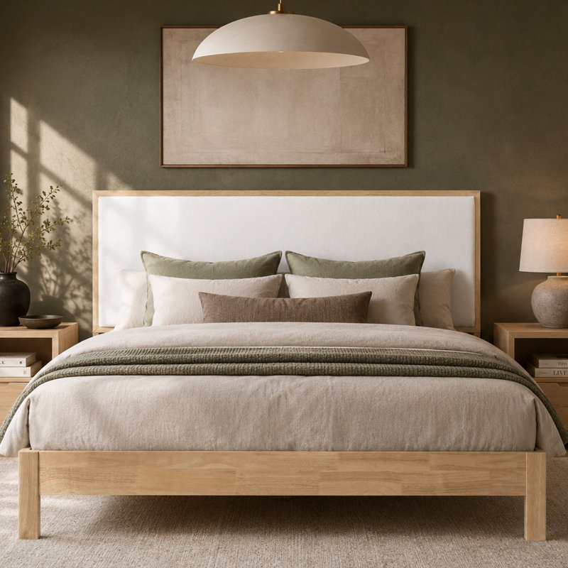 Luca solid wood boucle upholstered headboard bed frame, Grand lit, Natural Wood