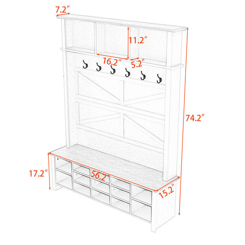 Farmhouse Hall Tree Organizer – Entryway Furniture with Bench, Shelves, Hooks, Black