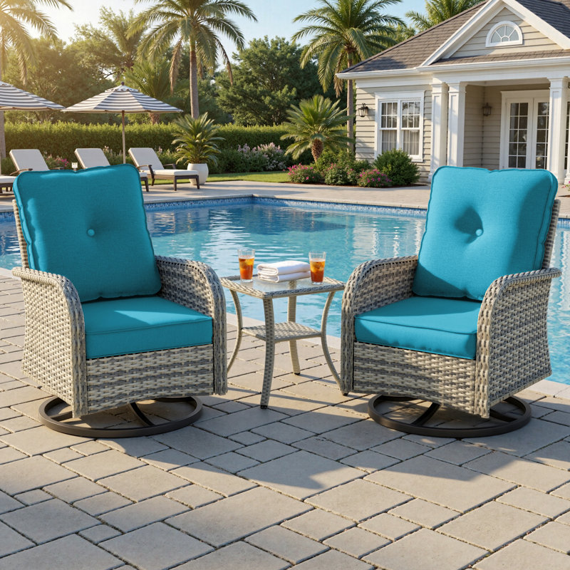 Ensemble de conversation pour patio 2 personnes avec chaises berçantes pivotantes et table en verre trempé, Bleu turquoise