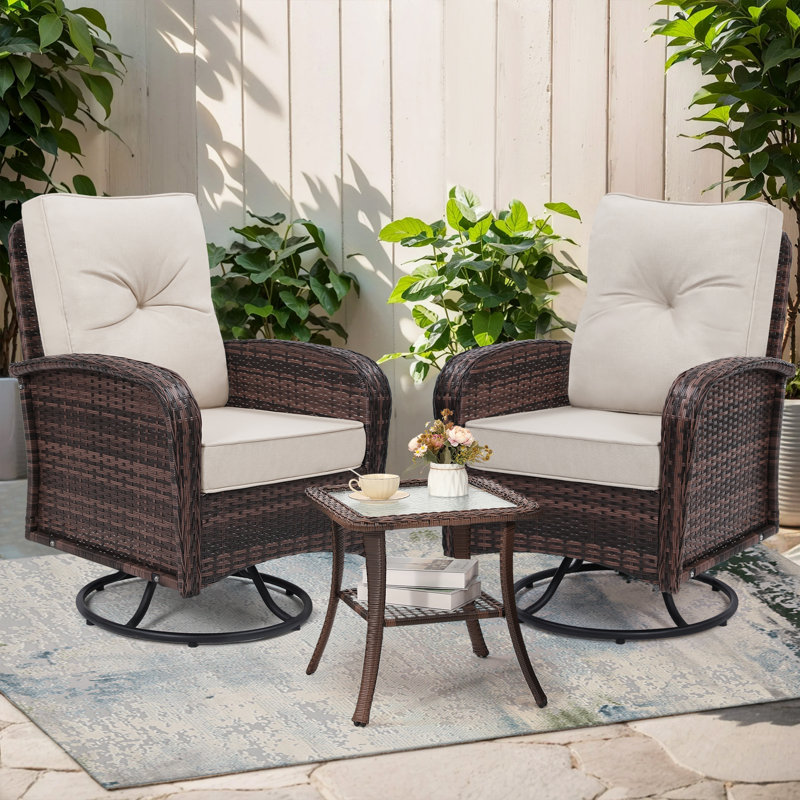 Outdoor Swivel Wicker Glider Patio Chairs with Table Set, Beige, Brown