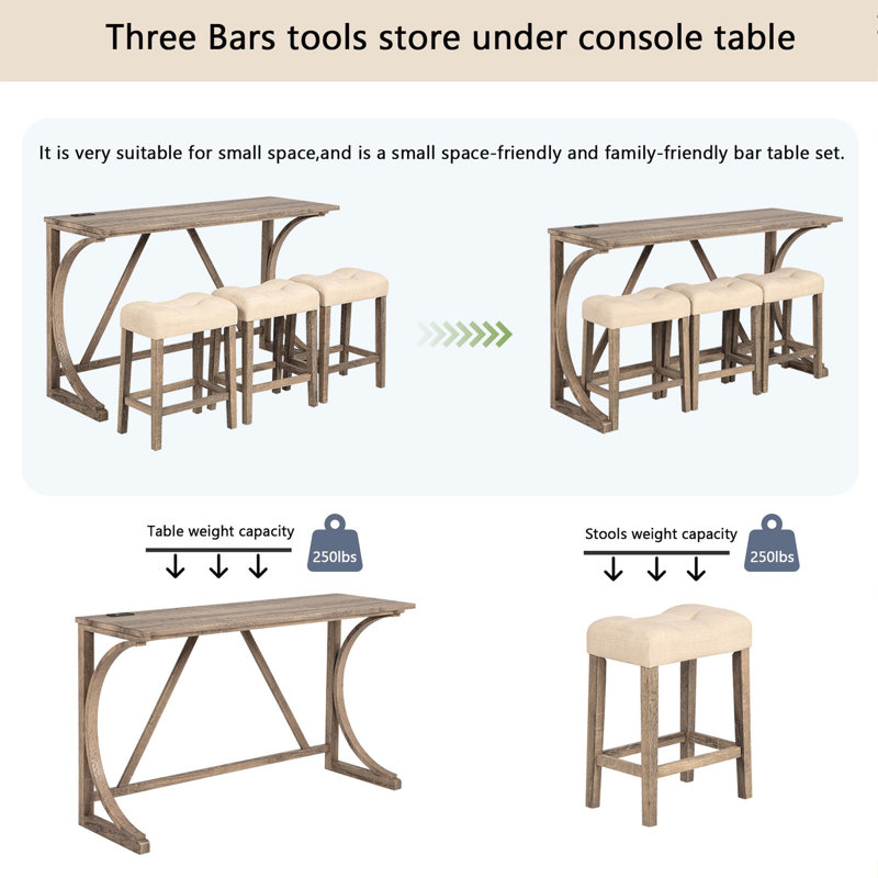 Ensemble de table de bar 4 pièces avec prise de courant, 3 tabourets rembourrés, pour le salon, la salle à manger et la salle de jeux