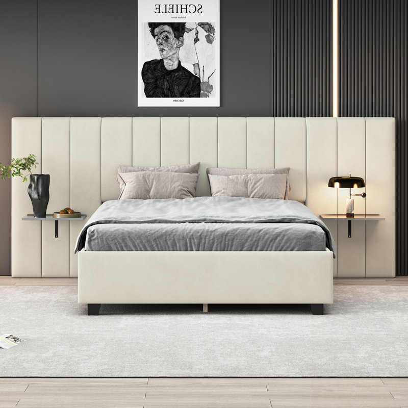 Grand lit plateforme tapissier avec grande tête de lit, Beige