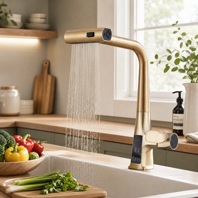 Robinet de cuisine avec douchette extractible, poignée unique à effet cascade avec affichage de la température et 3 modes de débit