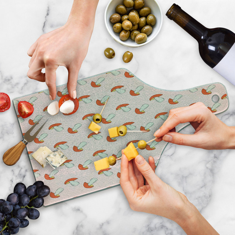 Ambesonne Mushroom Tempered Glass Cutting Board Doodle Style Mushrooms Eggshell and Multicolor