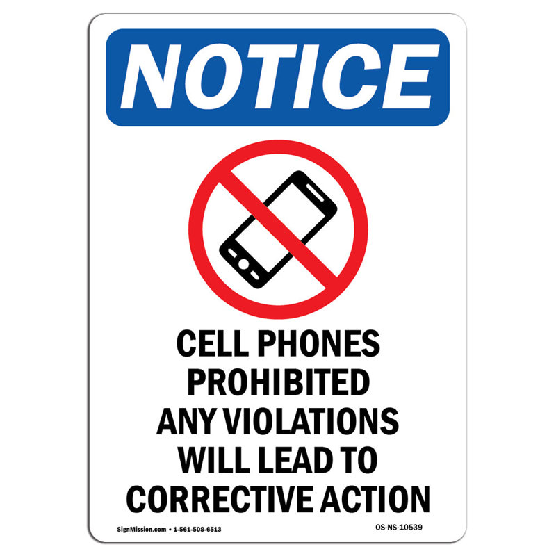 Avis de l'OSHA - Signe de téléphone portable avec symbole, H 18 po x l 12 po x P 0,1 po