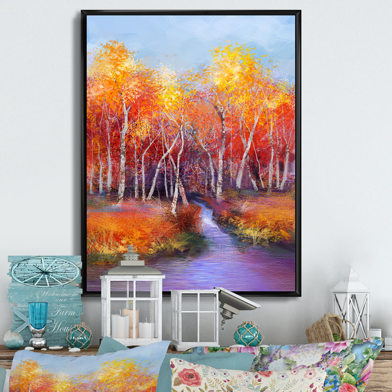 Abstrait forêt d'automne par le défunt II - Peinture, H 20 po x l 12 po x P 1 po, Cadre flottant noir