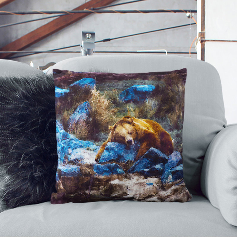 Resting Grizzly Bear Square Throw Cushion, White, 40cm H x 40cm W x 15cm D