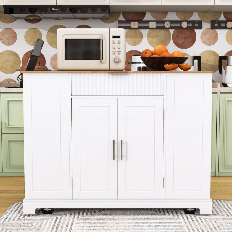 Rolling Kitchen Island Cart with Built-in Power Outlet, Storage Cabient and Trash Can, White