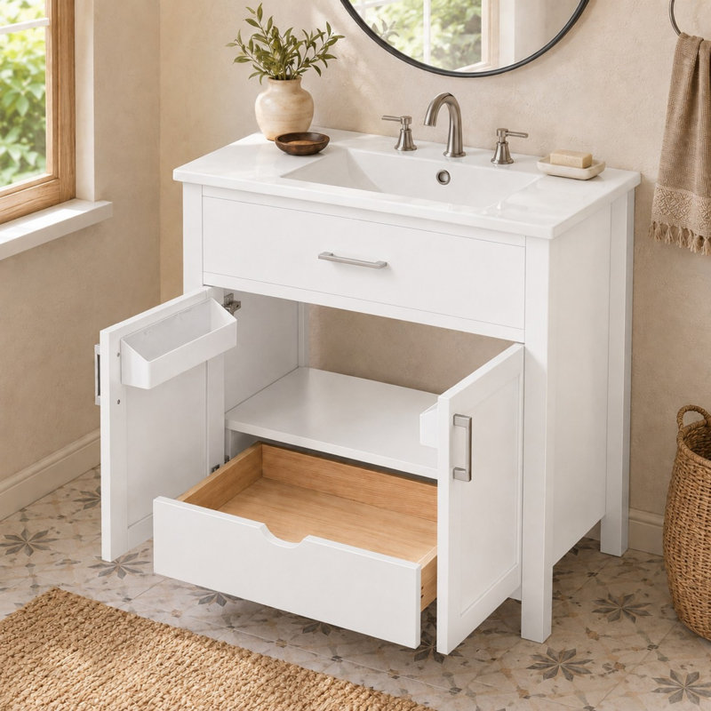 Meuble-lavabo autoportant de 76 cm de large avec porte, tiroir intérieur et dessus en céramique, Blanc