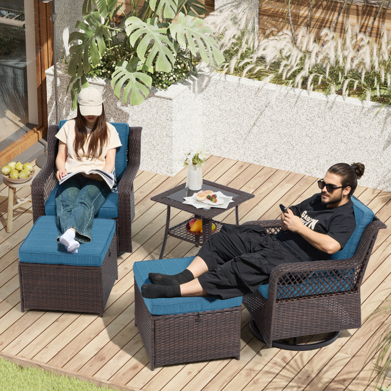 Chaises de patio pivotantes et rotatives en osier avec table (5 pièces, beige), Bleu, Brun